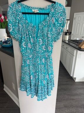 CELINA MOON Teal and White Floral Accent Sundress